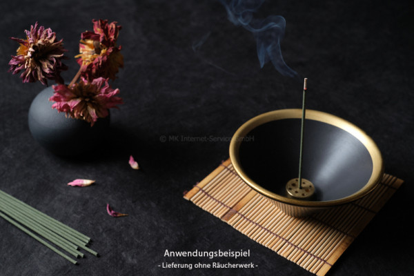 Räucherschale aus Keramik, schwarz/gold mit Messinghalter