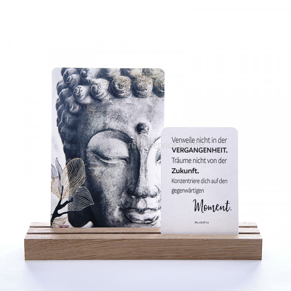 Fotohalter aus Eiche mit Fine Art Print "Buddha" und Buddha-Zitat