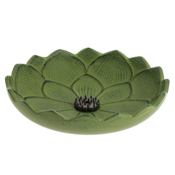 Japanischer Räucherstäbchenhalter Iwachu "Lotusblume" aus Gusseisen, grün